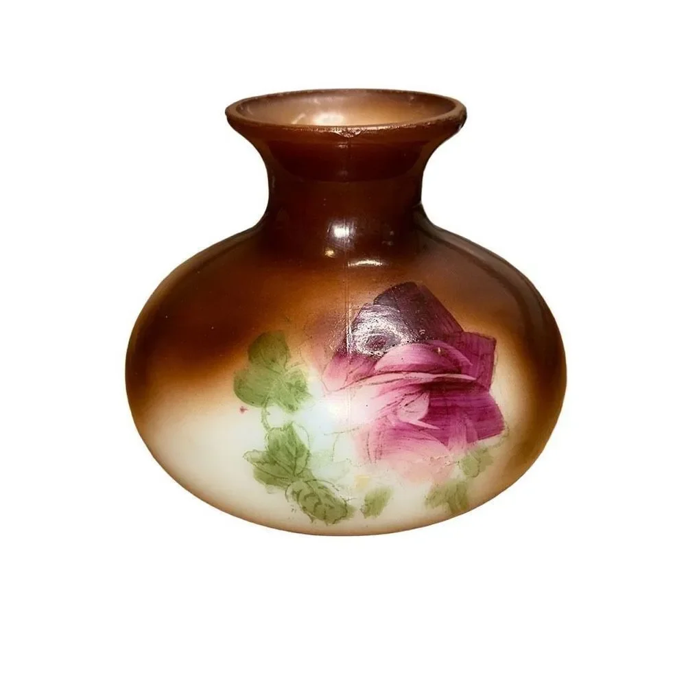 HAND PAINTED MILK GLASS VASE - Squat & Round Brown with Red Rose VINTAGE COUNTRY